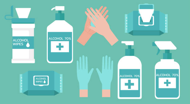 Set of hand washing supplies for good hygiene Set of hand washing supplies for good hygiene, virus prevention and flu protection with hand sanitizers, alcohol gel, wet wipes and gloves, vector illustration rubbing stock illustrations