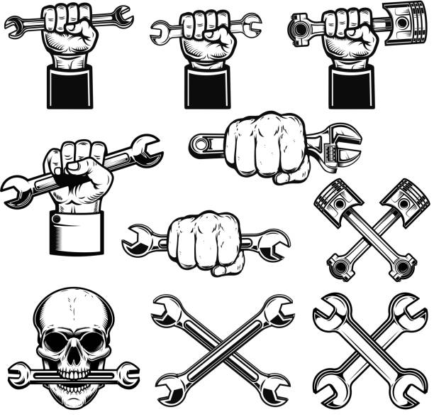 Set of hand with working tools, wrenches. Mechanic on duty. Design element for label, emblem, sign, poster. Set of hand with working tools, wrenches. Mechanic on duty. Design element for label, emblem, sign, poster. Vector illustration mechanic clipart stock illustrations