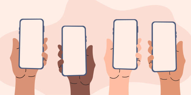 Set of hands holding smartphone, social media content in phone vector art illustration