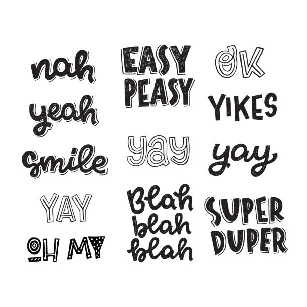 Set of handwritten emotional expressions Set of hand drawn lettering sayings and interjections Nah, Yeah, Smile, Yay, Oh My, Easy Peasy, Blah, Ok, Yikes, Super Duper. Black and white collection of handwritten emotional expressions. vector exhilaration stock illustrations