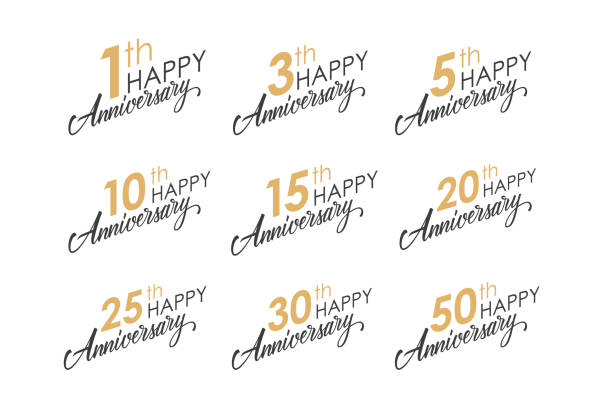 Set of Happy Anniversary greeting templates with numbers and hand lettering. Set of Happy Anniversary greeting templates with numbers and hand lettering. Vector illustration. wedding anniversary stock illustrations