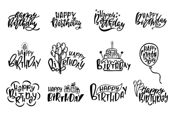 Set of Happy Birthday hand drawn typography designs. Handwritten lettering. Anniversary vector greeting cards. Set of Happy Birthday hand drawn typography designs. Handwritten lettering. Anniversary vector greeting cards. Ink, pen calligraphy. Postcard clipart. Congratulation. Party, event celebration. happy birthday words stock illustrations
