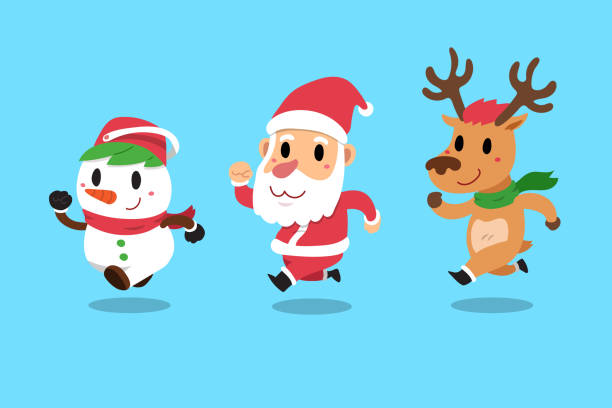 행복 한 크리스마스의 동료 산타 클로스와 그의 친구 순 록과 눈사람 - 군집 동물 stock illustrations