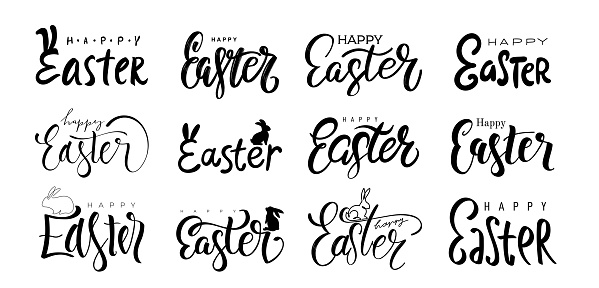 Set of Happy Easter black linear lettering. Hand drawn vector elegant modern calligraphy. Design for holiday greeting card and invitation of the happy Easter day. Greeting card, poster text template.
