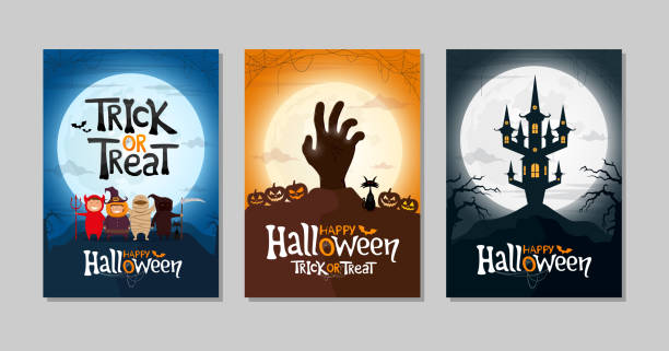 Set of Happy Halloween and Trick or Treat greeting cards or party invitations. Set of Happy Halloween and Trick or Treat greeting cards or party invitations. Three poster with kids, zombie hand, and spooky castle. Vector illustration. trick or treat stock illustrations