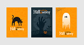 Set of Happy Halloween greeting cards or poster. Spooky black cat, zombie hand, ghost, traditional symbols. Vector illustration.