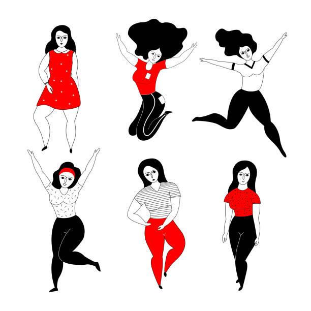 Set of happy plus size girls on a white background. Set of happy plus size girls on a white background. Friendship. Women's Day. Hand drawn vector illustration. big fat girl drawing stock illustrations