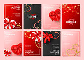 Set of Happy Valentine's Day posters. Vector illustration with realistic Valentine's Day attributes and symbols. Brochures design for promo flyers or covers in A4 format size.