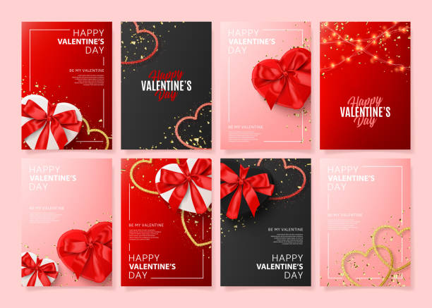 Set of Happy Valentine's Day posters Set of Happy Valentine's Day posters. Vector illustration with realistic Valentine's Day attributes and symbols. Brochures design for promo flyers or covers in A4 format size. happy valentines day stock illustrations