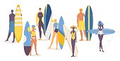 Set of happy young people of different nationalities with surfboards.
