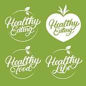 Set of Healthy eating, food, life hand written lettering label, badge, emblem. Design elements for natural products. Isolated on green background. Vector illustration.
