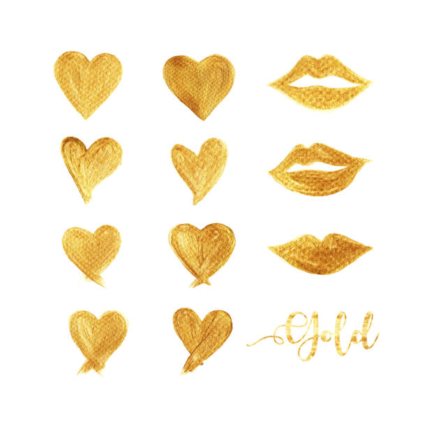 Set of heart and lip in gold color vector art illustration