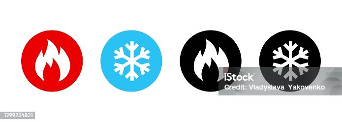 istock Set of heating and cooling icons. Hot and cold icon. Fire and snowflake sign. Heating and cooling button. Vector EPS 10. Isolated on white background 1299254821
