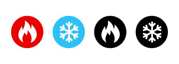 加熱和冷卻圖示集。冷熱圖示。火和雪花標誌。加熱和冷卻按鈕。向量 eps 10.在白色背景上隔離 - 凍結的 幅插畫檔、美工圖案、卡通及圖標
