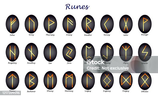 istock Set of historical runes with a yellow outline on a white background. 1217209596