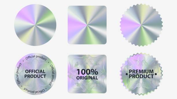 Set of hologram label geometric shapes vector flat illustration Set of hologram label geometric shapes vector flat illustration. Collection of holographic sticker quality emblem isolated on white background. Symbol of certification product holographic stock illustrations