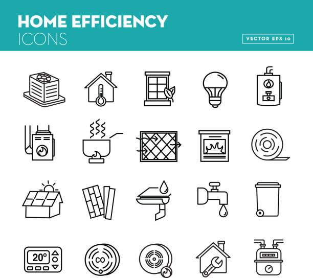 ilustrações, clipart, desenhos animados e ícones de conjunto de ícone de eficiência doméstica em estilo de linha fina - calha