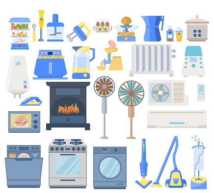 Set of home equipment. Collection of climate equipment, appliances for cleaning the house and cooking. Set of electrical appliances for a comfortable home.ozy home.Vector illustration in flat style