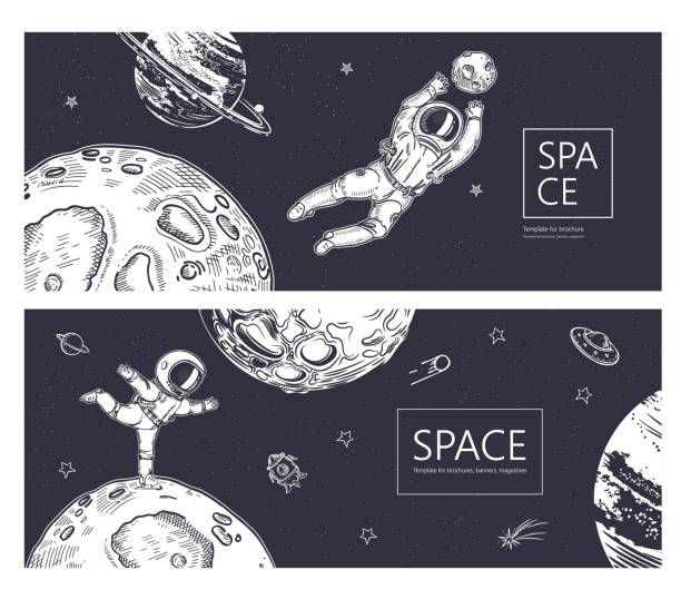 ilustrações de stock, clip art, desenhos animados e ícones de set of horizontal backgrounds. an astronaut is ice skating in space. astronaut catches a planet. - soccer night