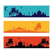Set of horizontal islamic ramadan banners with palms mosque and camels. Vector illustration