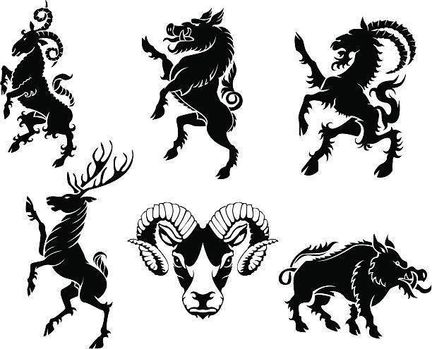 Set of horned heraldry Set of black silhouette on horned animal heraldry element.ZIP contain AI12cs2,EPS8,large JPEG and PDF files. bristle animal part stock illustrations