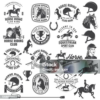 istock Set of Horse riding sport club badges, patches, emblem, logo. Vector illustration. Vintage monochrome equestrian label with rider, helmet and horse silhouettes. Horseback riding sport. Concept for shirt or logo, print, stamp or tee. 1358803503