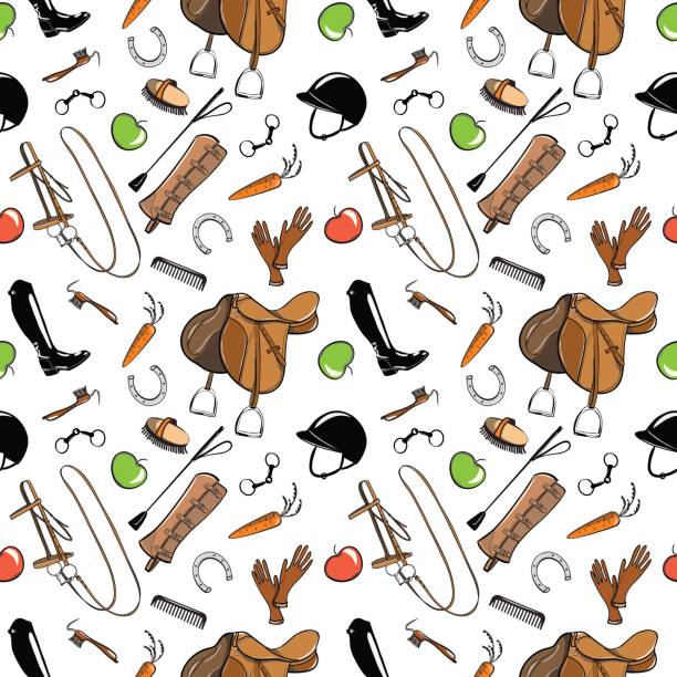 Set of horse riding tack tool on white. Seamless pattern with snaffle, bit, hat, bridle, saddle, brush, stirrup, whip, high boot. Vector cartoon hand drawn illustration. horse backgrounds stock illustrations