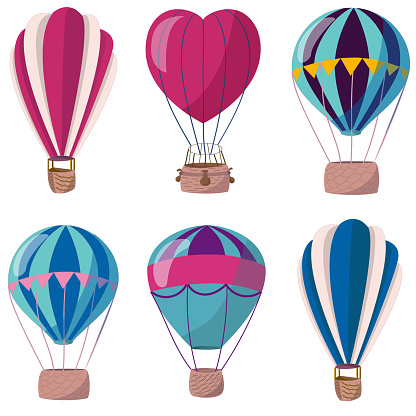 Set of hot air balloons. Flat vector illustration for web design, stationery, flyers, kids goods