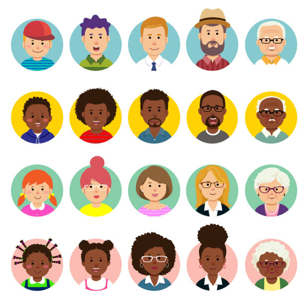 Set of human faces, avatars, people heads different nationality and ages in flat style. Set of human faces, avatars, people heads different nationality and ages in flat style. hairstyle illustrations stock illustrations