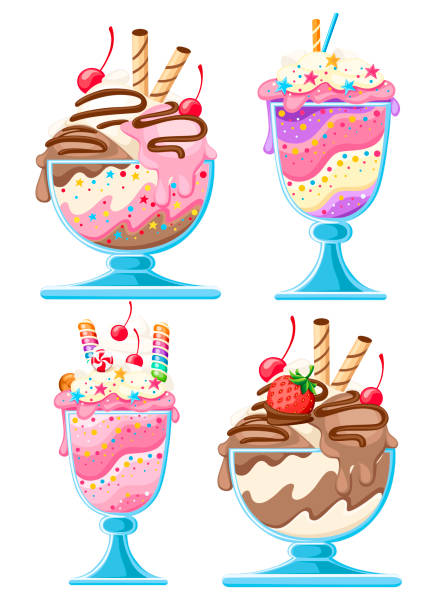 Set of Ice cream dessert in a glass bowls. Fruit sweet dessert with wafer straws, berries, chocolate. Flat vector illustration isolated on white background Set of Ice cream dessert in a glass bowls. Fruit sweet dessert with wafer straws, berries, chocolate. Flat vector illustration isolated on white background. bowl of ice cream stock illustrations