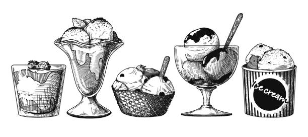 farklı kaselerde dondurma seti. çizim stilinde vektör çizimi. - ice cream stock illustrations