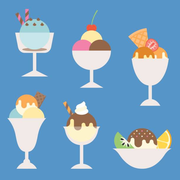 set of ice cream in glass and cup with topping illustration set of ice cream in glass and cup with topping illustration, such as sundae, parfait, flat icon vector ice cream sundae stock illustrations