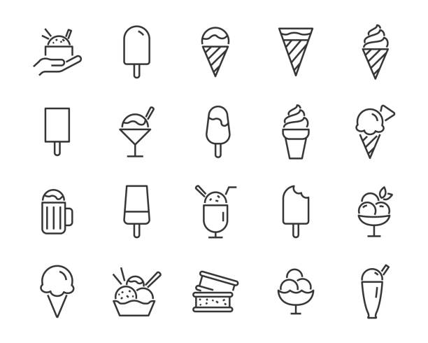 illustrations, cliparts, dessins animés et icônes de ensemble d’icônes de ligne de crème glacée, telles que le cône de crème glacée, sundae, chocolat - verrines