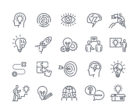 Set of icons for business. Team management and goal achievement sticker collection. Design elements for website and social network. Cartoon line art flat vector illustrations on white background