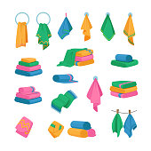 Set of Icons Towels Hanging on Hook, Ring and Rope, Stacked in Piles. Bath and Kitchen Fabric, Folded Cloth or Fluffy Textile for Wiping. Clean and Home Decoration Concept. Cartoon Vector Illustration