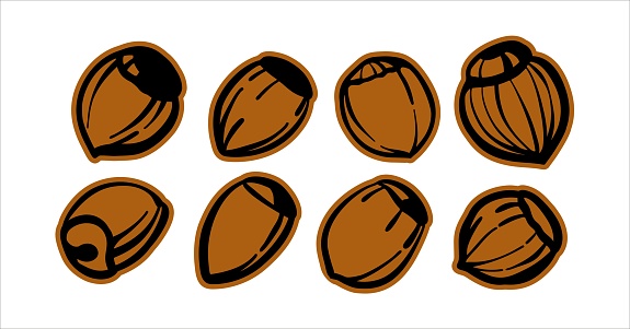 Set of illustrations black and white sketches in the form of stickers. Hazelnuts, hazelnuts. Logo or logo for printing on the plotter. Vector on an isolated background.