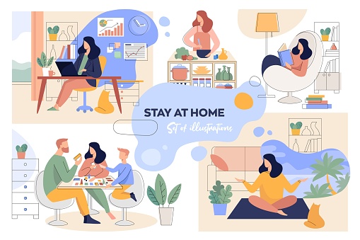 A set of illustrations for the stay-at-home concept. Home office, leisure, reading and family time vector