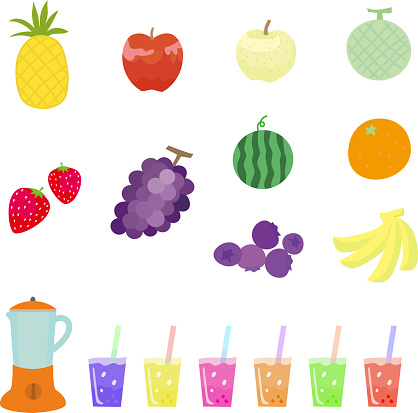 A set of illustrations of a blender, mixed juices, and various fruits.