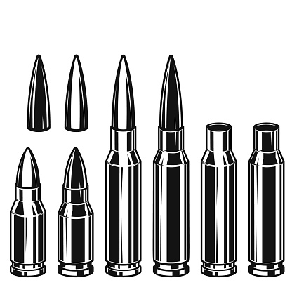 Set of Illustrations of bullets and cartridges in vintage monochrome style. Design element for label, sign, emblem, poster. Vector illustration