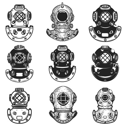 Set of illustrations of diver helmets in monochrome style. Retro diver helmet. Design element for poster, card, banner, sign, emblem. Vector illustration