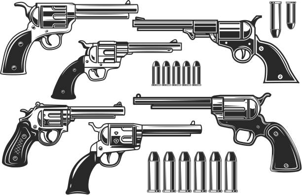 Set of illustrations of revolvers and cartridges. Design element for label, sign, poster, t shirt. Vector illustration Set of illustrations of revolvers and cartridges. Design element for label, sign, poster, t shirt. Vector illustration texas shooting stock illustrations