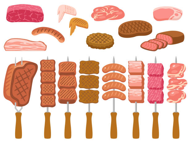 A set of illustrations of various meats for BBQ Illustration set of skewered meats for barbecues and various cured meats and meat dishes chicken thigh meat stock illustrations