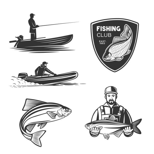 ilustrações de stock, clip art, desenhos animados e ícones de set of illustrations on a fishing theme. - fisherman