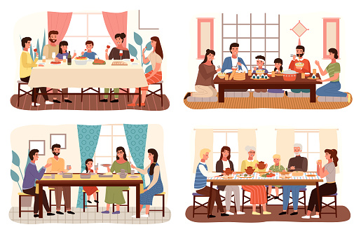 Set of illustrations on the theme of people have dinner in traditional styles of countries worldwide