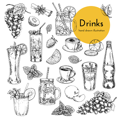 set of illustrations with non-alcoholic drinks. coffee, lemonade, cocktails, smoothies. hand drawn illustrations for drinks menu card