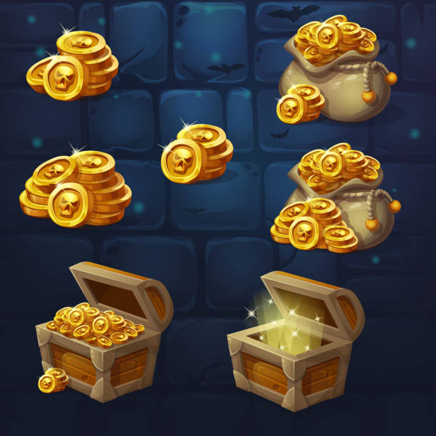 Set of images of a handful of coins Set of wooden chests with coins for the game UI. Vector cartoon illustration of a bunch of mountains of gold coins on the background of dark brick. Full, empty chest, bag with coins. antiquities stock illustrations