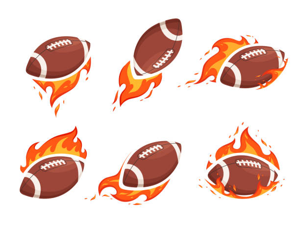 ilustraciones, imágenes clip art, dibujos animados e iconos de stock de un conjunto de imágenes de pelotas para fútbol americano y rugby en llamas. el concepto de confrontación caliente y la quema lanza - american football