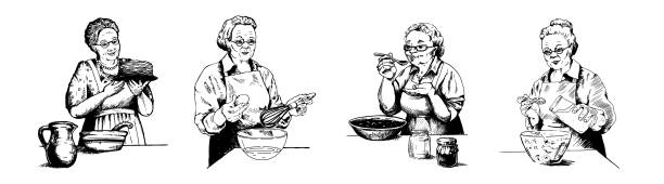 eine reihe von bildern von großmüttern in einem skizzenstil. ältere damen machen marmelade, backen pfannkuchen, schlagen eier, kleid salat mit mayonnaise. vektor-illustration, schwarz und weiß isolierte linie kunst. - oma kocht stock-grafiken, -clipart, -cartoons und -symbole