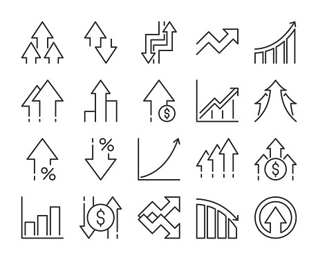 Set of Increase and Decrease Line Icons. Vector Illustration. Editable Stroke, 64x64 Pixel Perfect.
