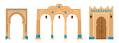 Set of Indian archs with mosaics, lanterns. Middle east architecture elements. Ancient gates. Flat vector illustration.